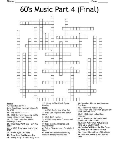 60's Music Part 4 (Final) Crossword - WordMint