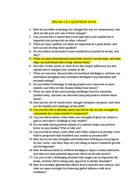 PEL136 CA 2 Question POOL - PEL136 CA 2 QUESTION POOL How do you think ...
