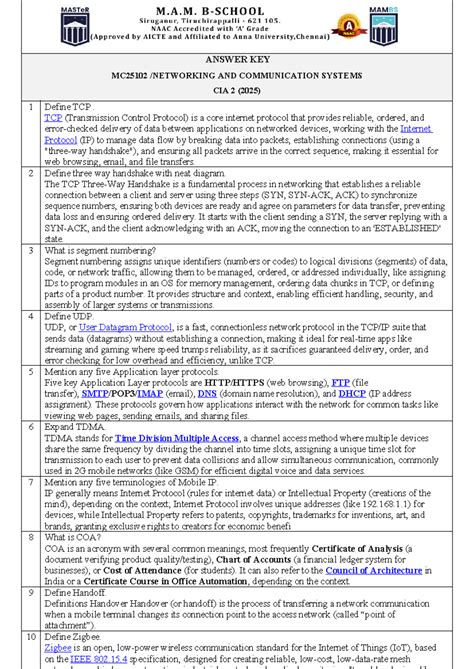 MC25102 Communication Systems CIA 2 Answer Key (2025) - Studocu