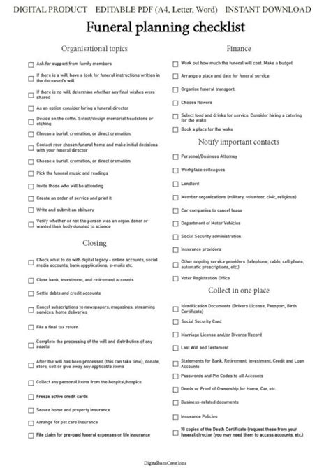 Funeral Planning Checklist Printable Funeral Checklist - Etsy Australia
