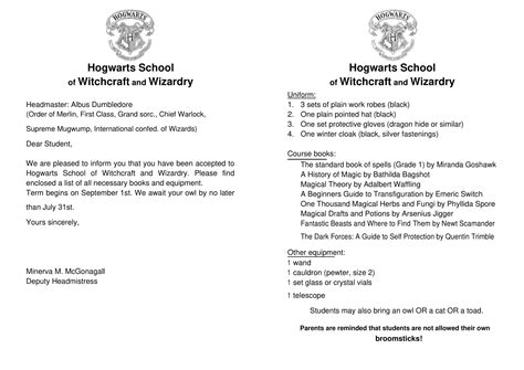 Free Printable Harry Potter Hogwarts Acceptance Letter Templates [PDF ...