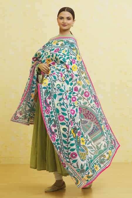 Buy White Chanderi Mirrors Botanical Pattern Phulkari Dupatta For Women ...