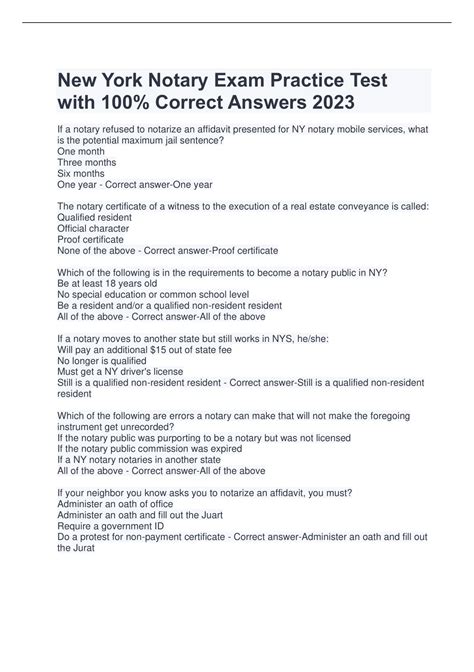 New York Notary Exam Practice Test with 100% Correct Answers 2023 - New ...