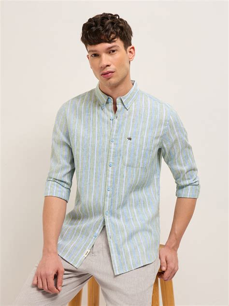 Shop Blue & Green Slim Fit Vertical Striped Cotton Casual Shirt Online ...