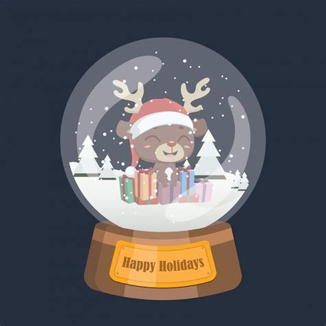 Christmas snowglobe with cute reindeer and presents inside | Premium Vector