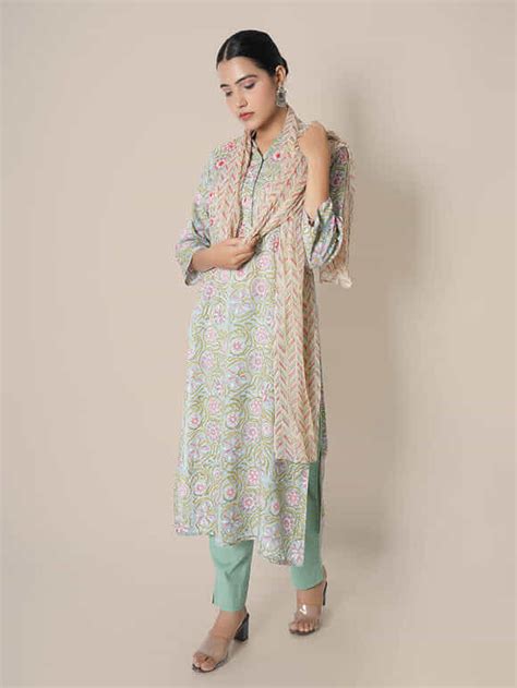 Buy Lilac Hand Block Printed Modal Cotton Kurta with Pants and Chiffon ...
