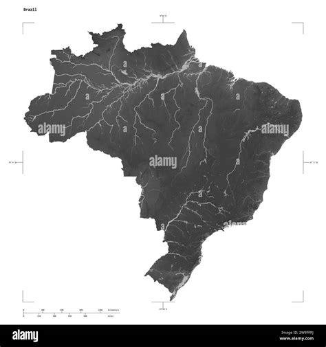 Shape of a Grayscale elevation map with lakes and rivers of the Brazil, with distance scale and ...