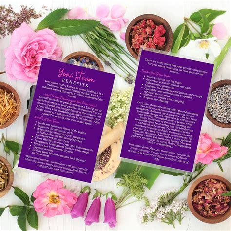 Yoni Steam Benefits Infocards Paquete de 30 Tamaño de postal grande de 4 x 6 pulgadas Morado con ...