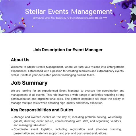 Free Job Description for Event Manager Template to Edit Online