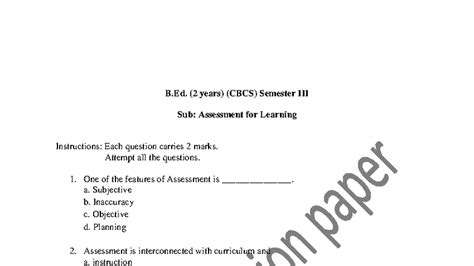 B.Ed. (2 Years) (CBCS) Assessment for Learning Quiz 2020 - Studocu