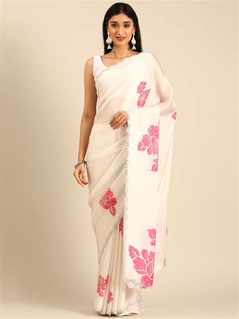 Neerus White Floral Embellished Satin Straight Saree - Saree + Blouse ...