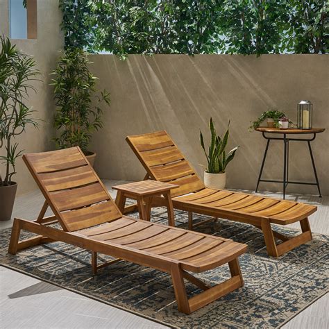 Allaire Outdoor Acacia Wood Chaise 3-Piece Lounge Set, Teak, Brown ...