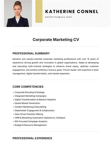 Free Corporate Marketing CV Template to Edit Online
