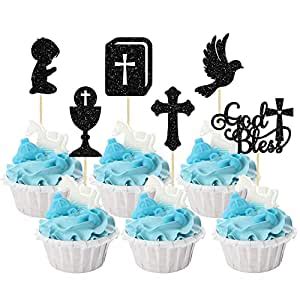 Gyufise 24Pcs Boy God Bless and Cross Cupcake Toppers Glitter Dove ...