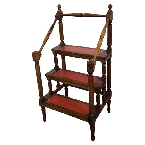 Midcentury Italian Carved Walnut Wood and Leather 4-Step Library Ladder ...