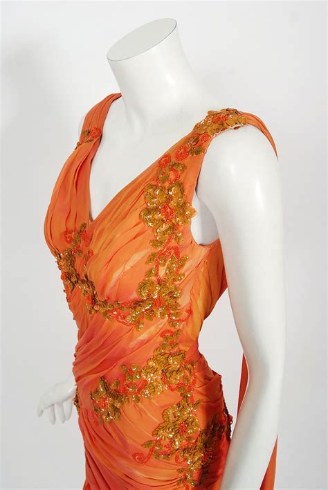Vintage 1950s Orange Beaded Appliqué Ruched Chiffon Hourglass Old ...