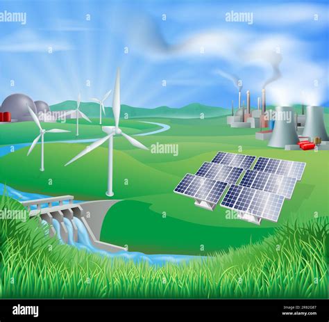 Illustration of many different types of power generation, including nuclear, fossil fuel or coal ...