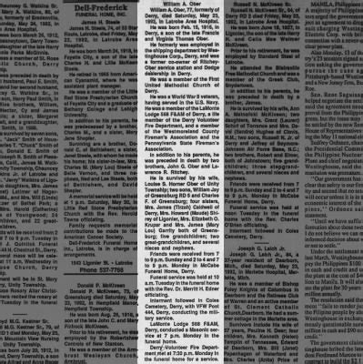 William A Ober obituary-Latrobe Bulletin, Latrobe, PA; May 26 1992, pg ...