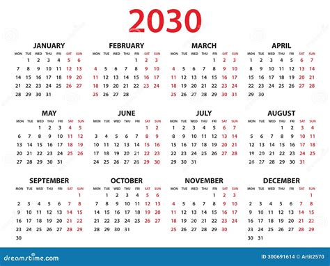 Calendar 2030 Year Vector Illustration, Set of 12 Calendar, Week Starts ...