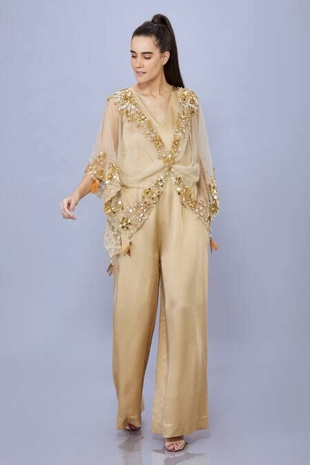 Buy Gold Net Hand Embroidered Sequin Kaftan Plung V Snowflake With ...