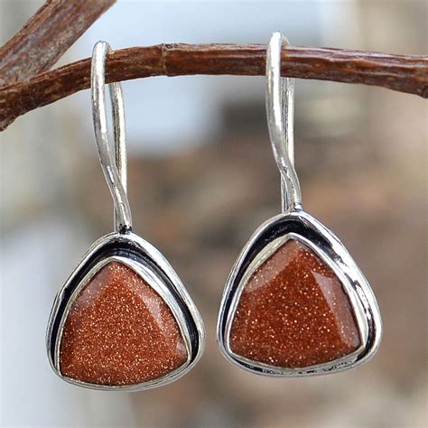 Silvesto India Brown Sunstone Gemstone 925 Silver Plated Trillion Drop ...