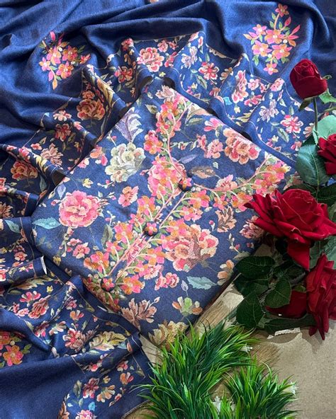Embroidered semi pashmina floral suit set