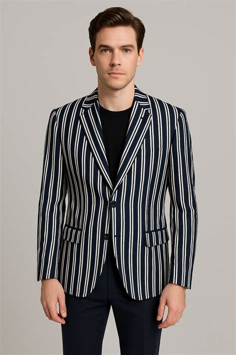 Navy & White Vertical Striped Blazer – Regular Fit (Indian Collection ...