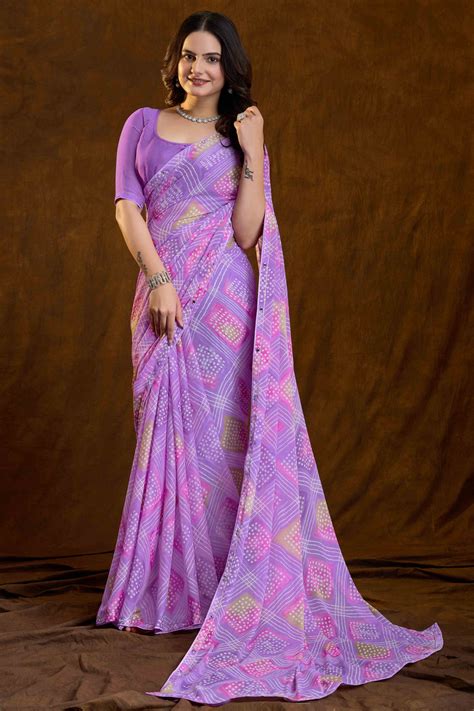 Purple Bandhani Printed Chiffon Saree With Sparkling Mirror Work Borde