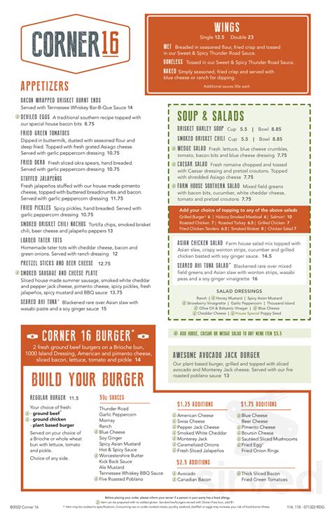 Corner 16 menu in Knoxville, Tennessee, USA