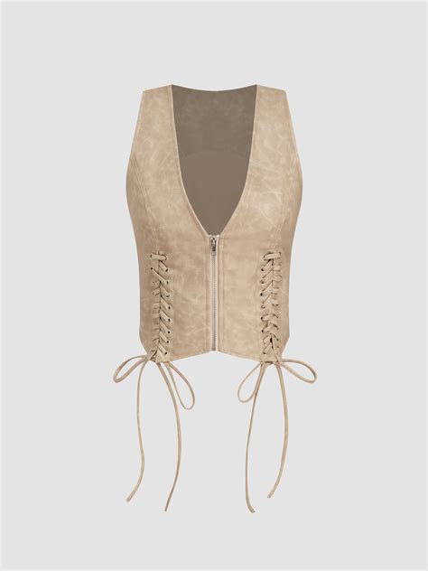 Faux Leather Faux Leather V-neck Lace Up Crop Jacket Vest For Vacation