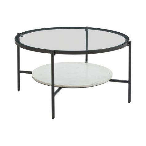 Benjara Glass Top Round Cocktail Table with Marble Shelf, Black and ...