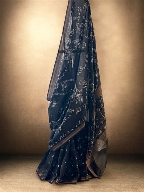 Black Chanderi Cotton Silk Half And Half Bandhani Saree – Kapaas Katha