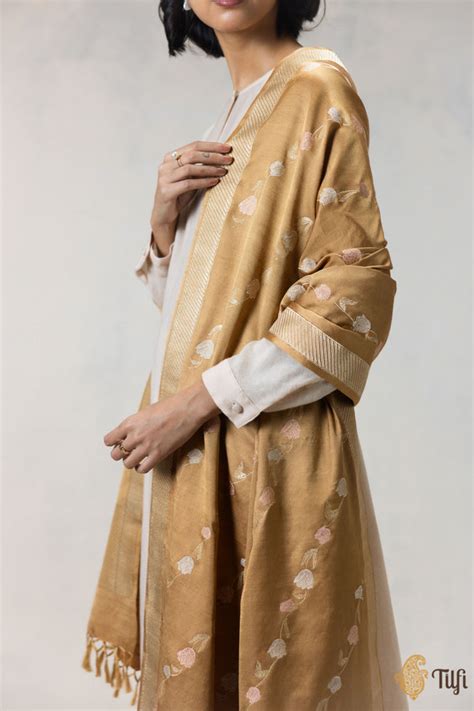 Light Brown Silk-Pashmina Wool Banarasi Handloom Dupatta - Tilfi