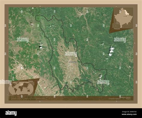 Podujeva, municipality of Kosovo. Low resolution satellite map. Locations and names of major ...