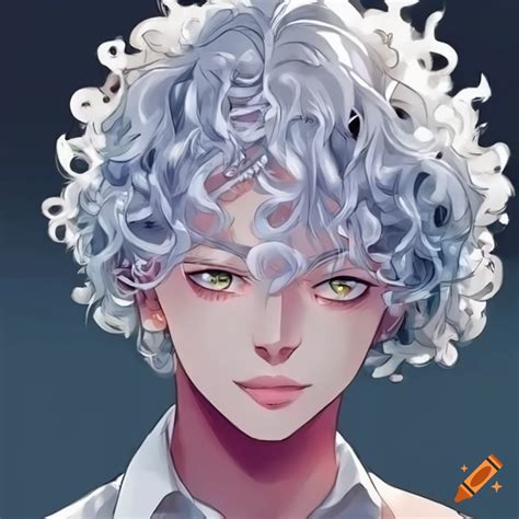 Anime character with white curly hair on Craiyon