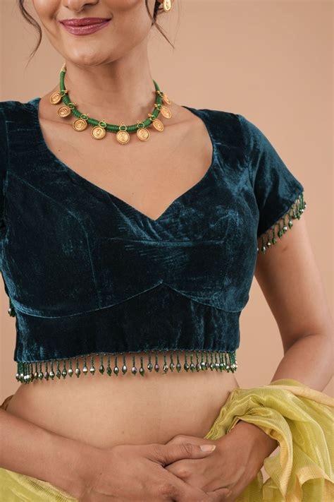 Hunter Green Velvet Blouse With Beads Detailing, Made to Order ...