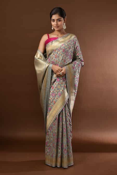 Buy Gray Jaal Weave Banarasi Silk Saree With Running Blouse For Women ...