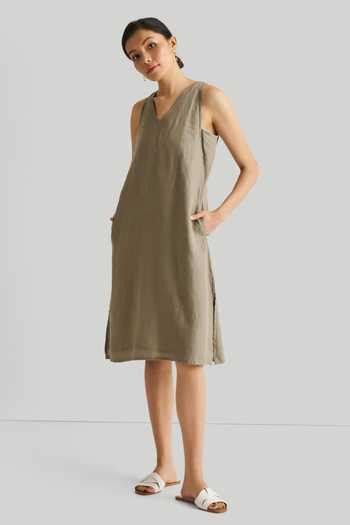 Buy Green Hemp, Tencel V-neck Reading Tea Leaves V Dress For Women by ...