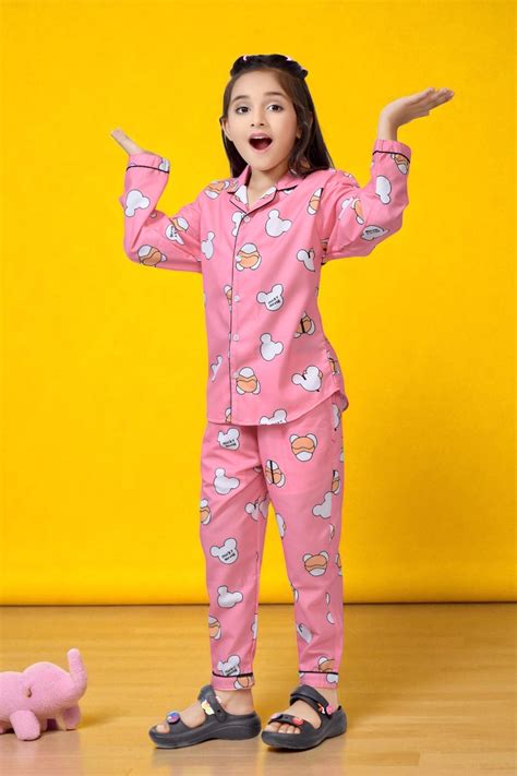 Buy Baby Pink Mickey Printed Girls Cotton Night Suit Online – Club96