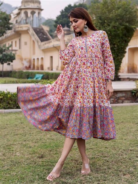 Buy White Hand Block Printed Cotton Tiered Dress with Chanderi Dupatta ...