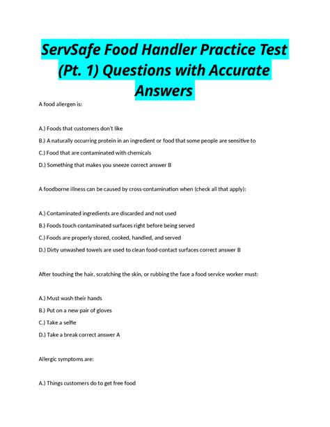 ServSafe Food Handler Practice Test (Pt. 1) Questions with Accurate ...