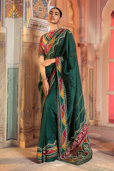 Buy Green Raw Silk And Organza Sequin, Bead, Thread & Embroidered Saree ...