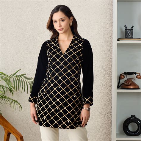 Black Cross-Embroidered Velvet Kurta | First Resort by Ramola Bachchan