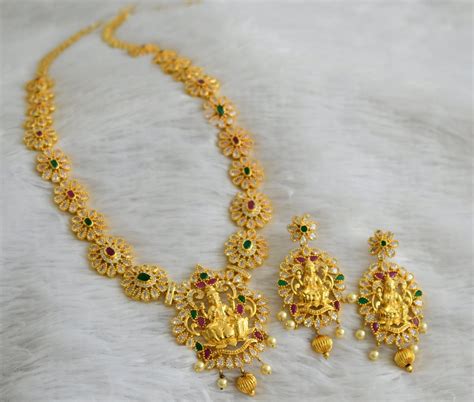 Gold tone cz ruby-green-white lakshmi flower haar set dj-47632 – dreamjwell
