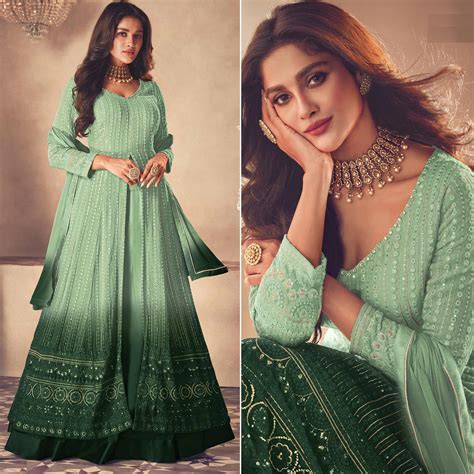 Green Sequins Embroidered Georgette Front Slit Suit