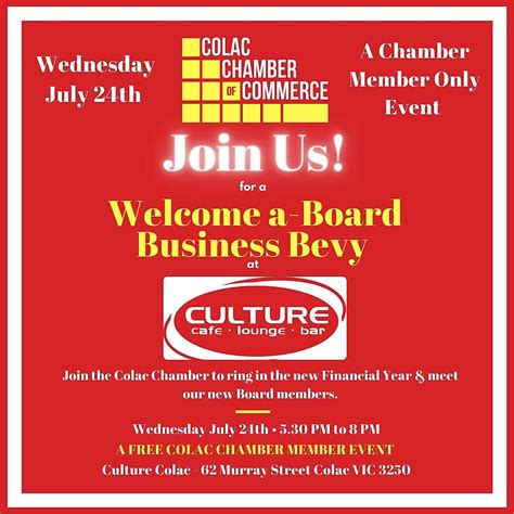 Welcome A-Board Business Bevy, Culture Colac, 24 July 2024 | AllEvents.in
