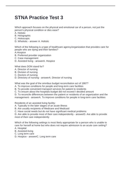STNA Practice Test 3 Questions and Answers 100% Correct - Stna - Stuvia US