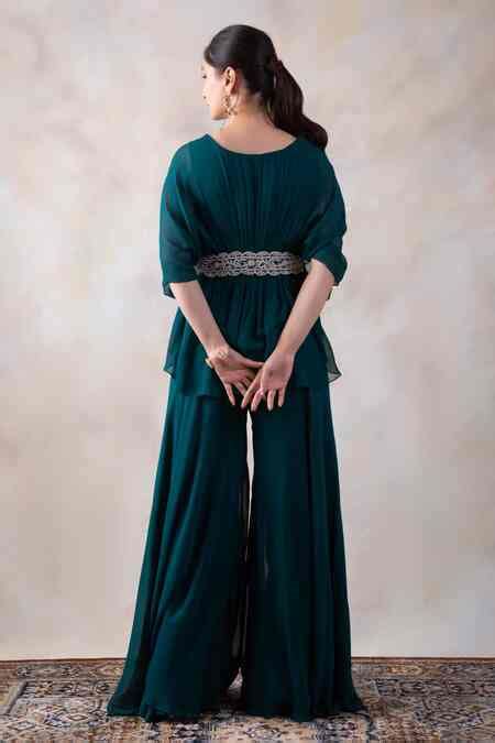 Buy Green Georgette Pearls, Diamonds Round And Dabka Work Peplum Top ...