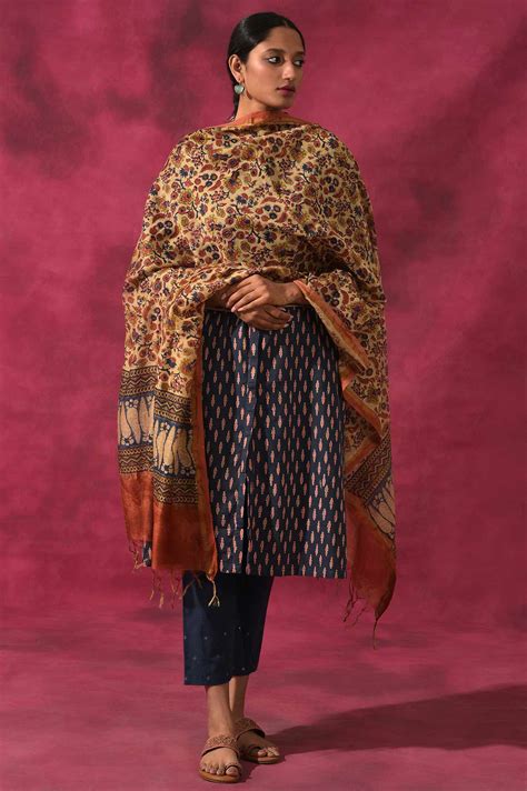 Buy Light Beige Hand Block Printed Cotton Silk Drape @ 2499 | W for ...