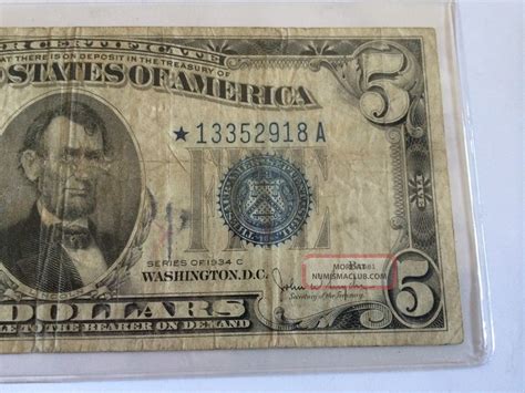 Series 1934 - C $5 Silver Certificate, Blue Seal With Star